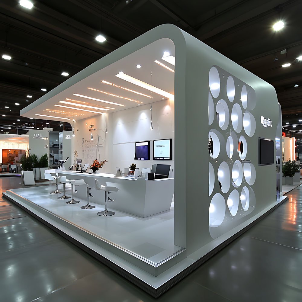 Exhibition display area with laptop and product stands