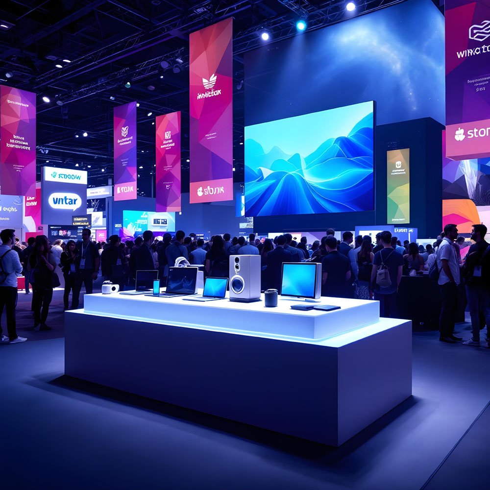Crowd gathered around an electronics display at a trade show