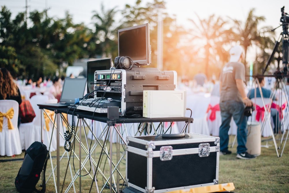Sound mixing equipment set up for a live event