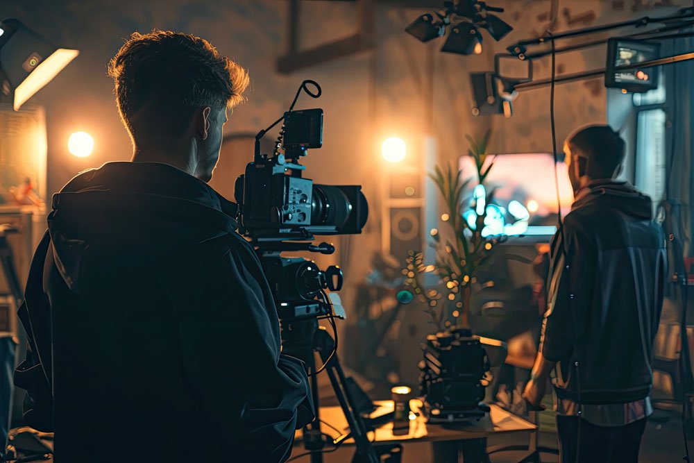 River Stone Media & Events team members working backstage on a video production